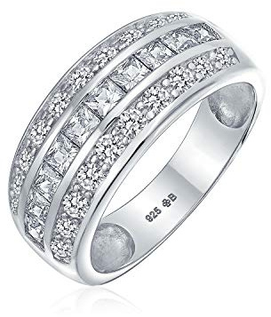 Anello di nozze a fascia larga con dichiarazione a 3 file in stile Art Déco con zirconi cubici AAA taglio principessa incastonati a canale, mezza eternità, per donna, in argento sterling .925,