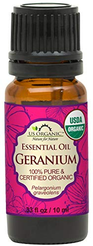 US Organic 100% Pure Geranium Essential Oil - USDA Certified Organic, Steam Distilled - W/Euro droppers (More Size Variations Available) (10 ml / .33 fl oz)
