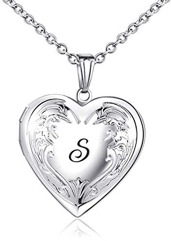 MUERDOU Locket Necklace that Holds Pictures Initial Alphabet Letter Heart Shaped Photo Memory Locket Pendant Necklaces S