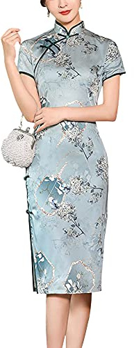 Vintage Floral Print Midi Cheongsam Qipao Dress Mandarin Collar Keyhole Short Sleeve Chinese Style Party Dress, Green, XL