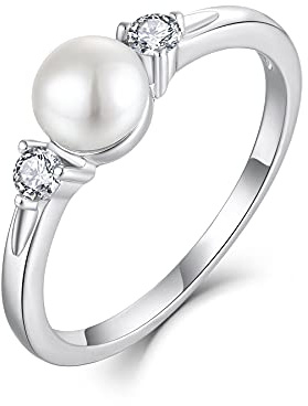 JO WISDOM Women Pearl Ring,925 Sterling Silver Engagement Ring Freshwater Pearl 3A Cubic Zirconia,Jewellery for Women