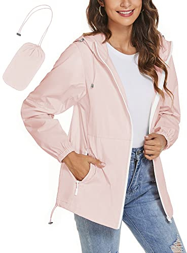 TCOT Womens Rain Jacket with Hood Lightweight Waterproof Windbreaker Jackets Zip Up Outdoor Compact Raincoats Pink L