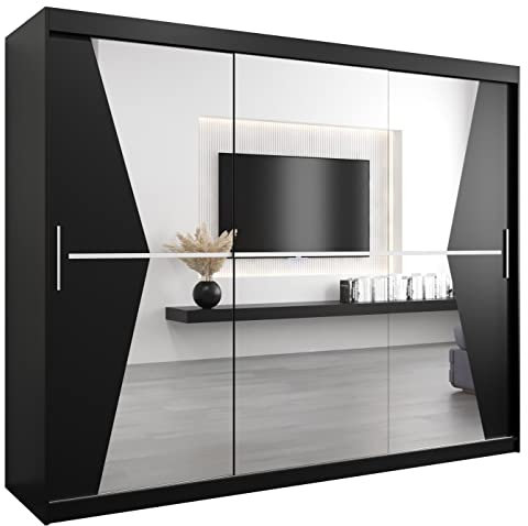MEBLE KRYSPOL Maroko 250 Schlafzimmerschrank mit DREI Schiebetüren, Spiegel, Kleiderstange und Regalen – 250x200x62cm - Mattschwarz