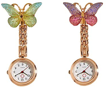 SagaSave 2PCS Mariposa Enfermera Fob Reloj, Aleación Doctor Relojes de Bolsillo Hombres Mujeres Solapa Pin Reloj Clip-on Colgando Médico Reloj de Bolsillo, Fucsia + Turquesa