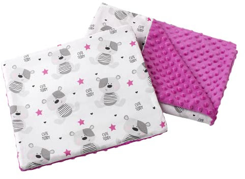 Medi Partners Babydecke Krabbeldecke mit Kissen 100% Baumwolle Minky Kinderdecke 55x75 + 35x30cm multifunktional für Kinderwagen Babyschale Wiege (Teddy mit dunkelrosa Minky)