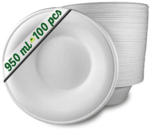 100 Cuencos Desechables Papel de caña de azúcar de 950 ml grandes. Vajilla desechable Biodegradable extrafuerte de Color Blanco. Cuencos para Fiestas y desayunos. Cuencos de bagazo