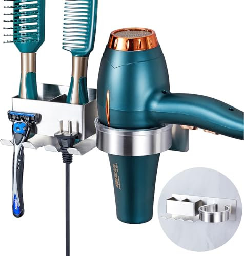 YYBO Fönhalter Ohne Bohren, Föhn Halterung mit Steckerhalter & 2 Fächern Aufbewahrung, Haartrocknerhalter Edelstahl, Föhnhalter Wand Ohne Bohren, Haartrockner Halterung für Bad Barbershop Hotel