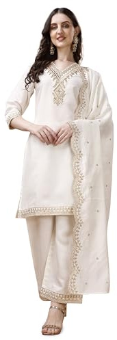 Pratham Blue Chanderi Kurta droit brodé en soie avec palazzos et dupatta pour femme, Blanc, M