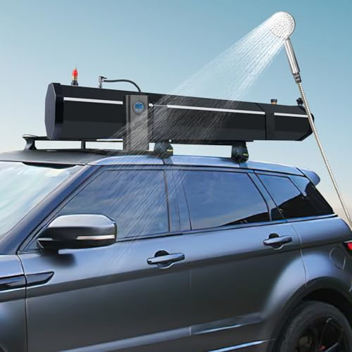 Ducha Portátill Camping, 30L Depósito de Agua Presurizada, Ducha Solar Exterior, con Manguera Ducha y Alcachofa, Montaje En Portaequipajes para Crossovers, Camiones, SUV, Furgonetas Camper, Etc.