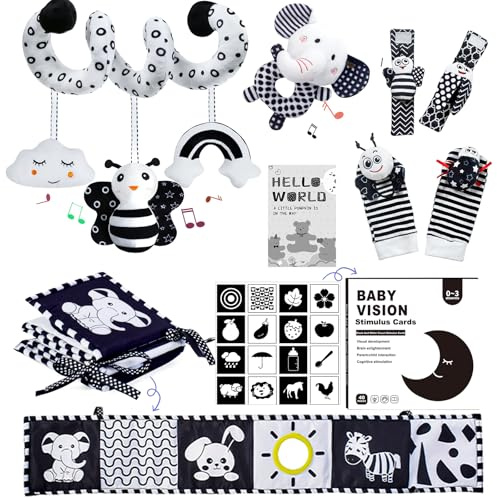 Starrykids Black and White Baby Sensory Toys, High Contrast Newborn Toy, Spiral Pram Toys for Babies, Rattles, Sensory Cards，Soft Baby Books, Newborn Gifts for 0 3 6 12 Months Boys Girls