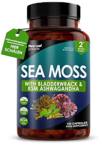 Sea Moss Complex - Pure Irish Sea Moss Capsules with Bladderwrack & KSM Ashwagandha - High Strength Seamoss Capsule - 120 Fill Vegan Irish Seamoss Capsules Made in The UK By New Leaf