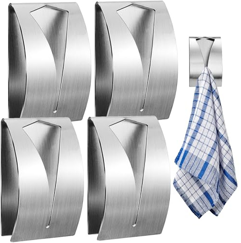 smilixin 4 PCS Self Adhesive Towel Hook,Kitchen Towel Holder Grabber,Stainless Steel Kitchen Dish Towel Holders,Wall Mount Non-Drilling Hangers,Hand Towel Hook for Bathroom