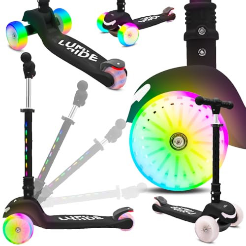 LUMI Ride Kinderroller Kinderroller 3 Räder Balance LED Schwarz 3+, Klappbar, Höhenverstellbarer Lenker, Fußbremse, Rutschfestes Trittbrett, Abnehmbarer Lenker