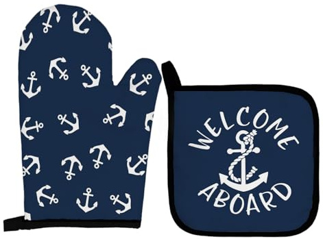 Qeheb Navy Blue Nautical Anchors Boat Oven Mitts and Pot Holders Sets, Lake Beach House Gifts Oven Mitts, Welcome Aboard Navy Blue Over Mittens for Kitchen Decor, Nautical Over Gloves Gifts