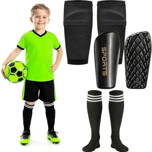 Schienbeinschoner Kinder Fussball, mit Schienbeinärmeln & Fußballsocken für Jungen & Mädchen im Alter von 3–8,8–10,10–12,12-16 Jungen & Mädchen (Schwarz, M (Kinder, 5-8 Jahre))