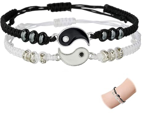 AzureRay Bracciali Personalizzati per Coppia, Bracciale Amicizia Yin Yang Regolabile, Accessorio per Migliore Amico, 16 cm, Pietra Naturale