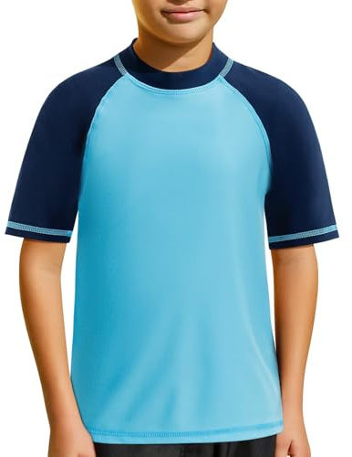 MASOCIO Tee Shirt Anti UV Enfant Garçon Manches Courtes Maillot de Bain T-Shirt Protection Solaire UPF 50+ Séchage Rapide pour Natation Plage Piscine 4-14 Ans