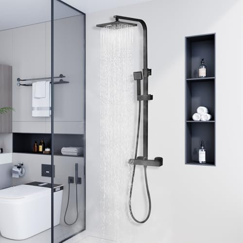 Duschsäule, Thermostat, mit Dusche, quadratisch, 20 cm, Duschsystem 38 °C, Duschsäule, schwarz, höhenverstellbar zwischen