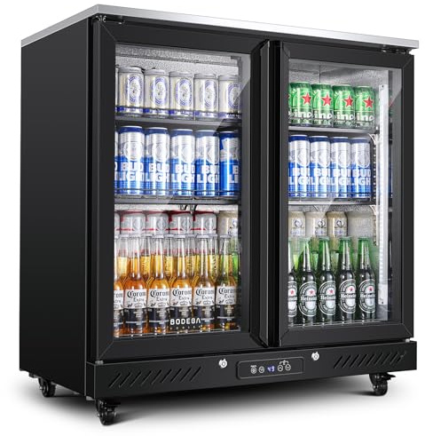 BODEGACOOLER Back Bar Cooler with 2 Glass Doors,7.7 Cu.ft Commercial Back Bar Beverage Refrigerator Counter Height,LED Lighting for Soda Drinks,Beer,Wine Stainless Steel Top,DOE Approved,4 Casters