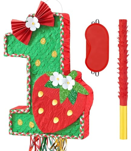 WERNNSAI Piñata de Fresa - Piñata de Decoración de Primer Cumpleaños con Venda para los Ojos y Palo para Decoración de Fiesta de Primer Cumpleaños Baby Shower Suministros de Decoración de Aniversario