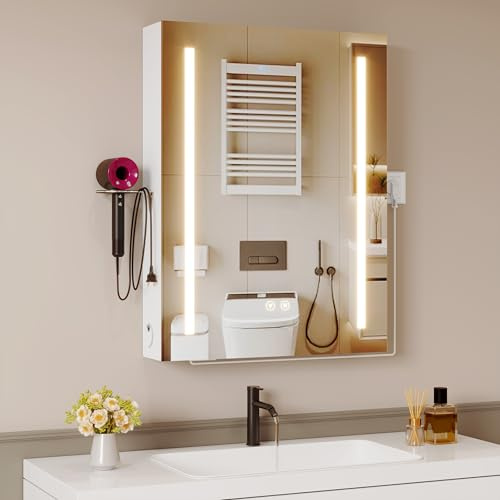 Ztexkee Specchio Bagno con Luce LED, Antiappannamento e Presa Corrente, Armadietto a Muro con 3 Temperature Colore e Mensola Regolabile, Specchiera Contenitore (50x15x70cm)