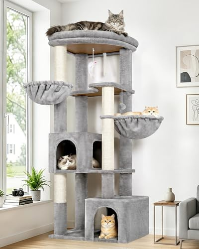Globlazer Tiragraffi per Gatti Angolare 163 cm con 2 Grandi Grotte 45*30*30CM, Immenso Piattaforma, 2 Morbido Cesto, Albero Stabile per 2-4 Gatti Grandi Adulti Riposati Grattati (C64, Grigio Chiaro)