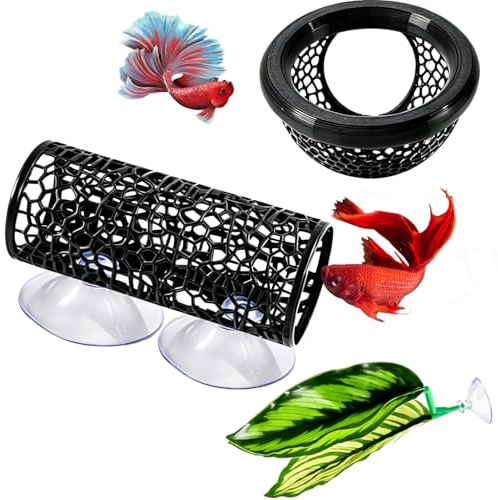 3 stycken akvariedekorationsset, fisk räkor gömma, betta hammock tunnel, stridskraftig hängmatta och akvarieblad, ihålig tunnel med sugkopp, akvariegrotta tillbehör för universella akvarier