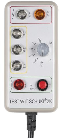 Testavit Schuki 2K Steckdosenprüfgerät mit FI-Test mit einstellbarem Nennfehlerstrom, Elektriker Werkzeug (LED Anzeige, 230 V, sichere Überprüfung), Grau