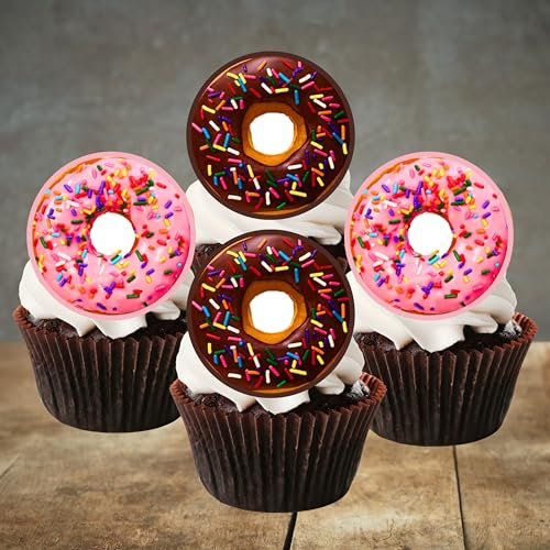 24 Donut Cupcake Toppers (PRECUT Optional), Edible Doughnut Cake Topper, Doughnuts Birthday Decorations, Donuts Cake-Topper, Cute Sprinkles - 1.5 Inch/4cm Discs (PRECUT)