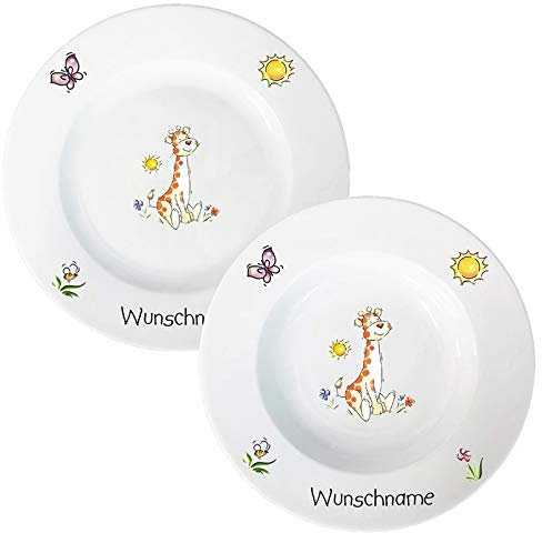 Kindergeschirr Tiere Speiseservice 2-tlg. Suppenteller und Speiseteller Giraffe Kinder Service Set aus Porzellan personalisierbar mit Wunschname Name Kindergeschirr mit Namen personalisiert