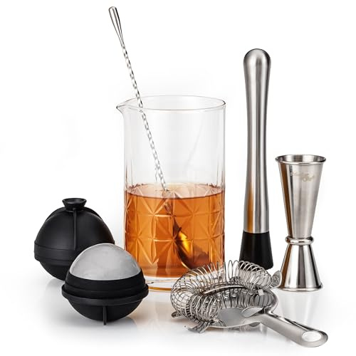 Mixology & Craft Set da cocktail – 7 pezzi Barista – Set di bicchieri da miscelazione con cristallo (680,4 g), jigger giapponese, cucchiaio, muddler e colino – Accessori e strumenti per bar