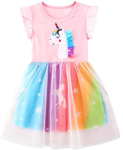 FILOWA Girls Dress Kids Short Sleeves Summer Dresses Sequin Tutu Cotton Tulle Sparkly with Rainbow Horse Pattern Girl's Clothing Birthday School Party Princess Dress Up for Child 5-6 Year, Pink