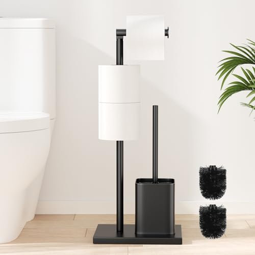 Stainless Steel Toilet Roll Holder with Toilet Brush - Toilet Roll Holder Free Standing, Susswiff Toilet Paper Holder and Toilet Brush, Matte Black Toilet Brush with Roll Holder