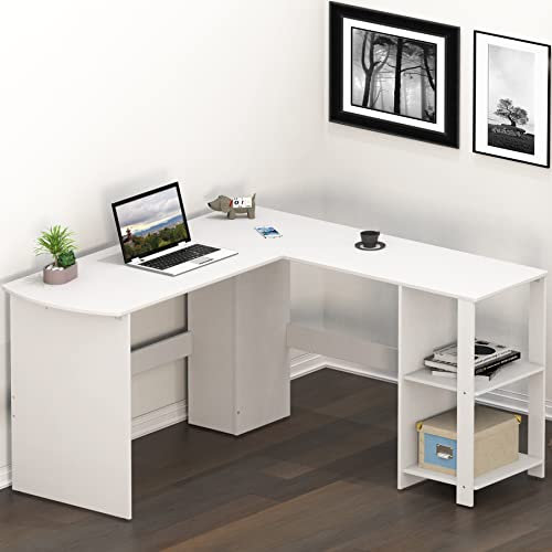SHW 51 x 51 Inches L-Shaped Home Office Wood Corner Desk wtih Storage, White
