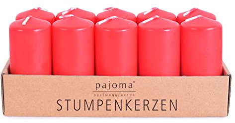pajoma® Stumpenkerzen Rot - 10 Stück | Ø 4 x 9 cm | Brenndauer: ca. 9 Stunden | Hochwertiges Paraffin & Baumwolldocht | ideal für Gastronomie, Hotels, Kirchen & Feierlichkeiten
