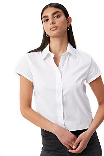 INSAFIANS Ladies White Short Sleeve Button Down Shirt (UK, Numeric, 36, Regular, Regular, White)