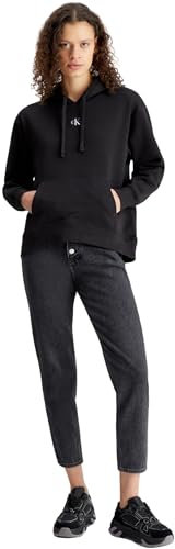 Calvin Klein Jeans Damen Hoodie Woven Label Oversized mit Kapuze, Schwarz (Ck Black), S