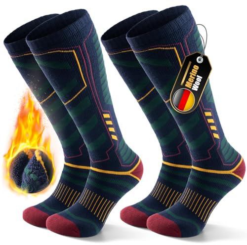 PULIOU Skisocken Merinowolle, Thermosocken Herren Snowboarden, Atmungsaktiv Schnell Trocknend Antiblasen Warme Dicke Merino Socken Für Kaltes Wetter Herren Damen Jugendliche 35-51(2 Paar) Grün M