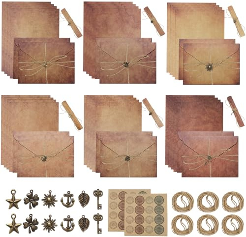 68 st brevpappersset, ädelt, gammalt vintagepapper med kuvert brunt A4 | 12 retro kuvert, 18 hamparep, 2 ark förseglingsklistermärken, 12 nycklar, brevpapper för bröllop, födelsedagar
