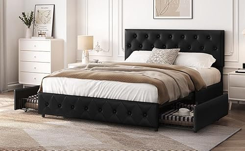 Yaheetech 5ft King Bed Frame Upholstered Platform Bed with Adjustable Diamond Button-Tufted Headboard and 2 Drawers Storage/Sturdy Wood Slat Support/No Box Spring Needed,Black King Bed