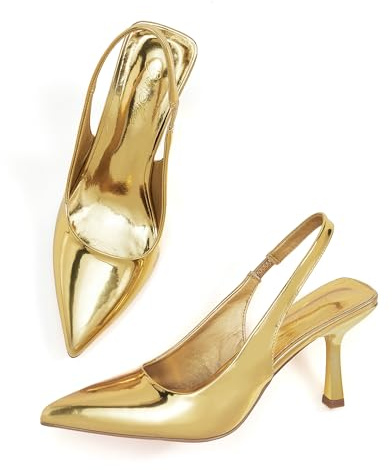 GENSHUO Escarpins à talons à bride arrière pour femme - 7,6 cm - Bout pointu fermé - Sangle élastique - Dos nu - Sandales pour fête de mariage, doré métallique, 37 EU