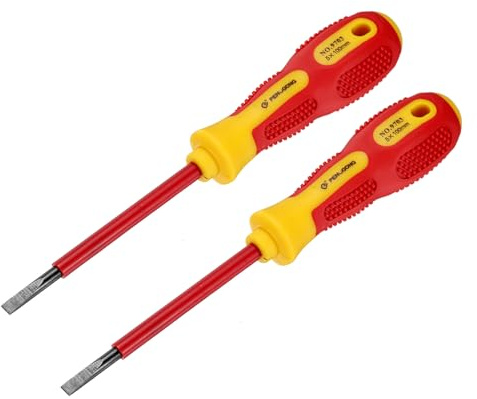 sourcing map 2pcs 1000v Insulated Electrician Screwdriver 5x100mm | CR-V Magnetic Slotted Flat Head Insulation Screwdrivers