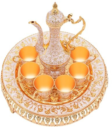 RUETERY Service à thé avec 6 tasses à thé + 1 théière + 1 plateau à thé, ensemble de tasses à café, service à café pour 6 personnes en alliage de zinc, ensemble de fête à thé, cadeau doré