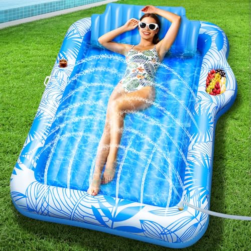78x50 Inflatable Tanning Pool Lounger Float with Sprinkler, Extra Large Pool Floats Adult with Pillow 6 in 1 Suntan Tub Raft Floatie with Food Drink Holder, Blow Up Tanning Bed for Summer Pool Party