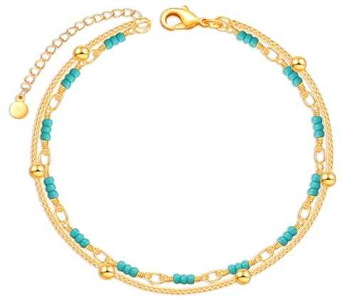 Gold Fußkettchen für Damen,Goldene Fussketten für Frauen Türkis,Surfen Fußkette Perlen Sterling Silber 925,Fusskettchen Wasserfest,Armband Türkis,Handmade Boho Kleidung Schmuck Style Festival Outfit