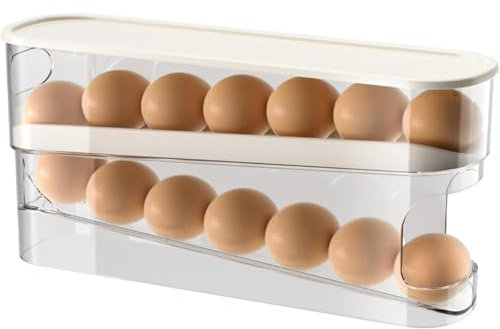 Soporte para huevos con ruedas para el frigorífico, para 12 huevos grandes, estable y transparente PTE con tapa abatible, dispensador de almacenamiento de fácil acceso para el frigorífico