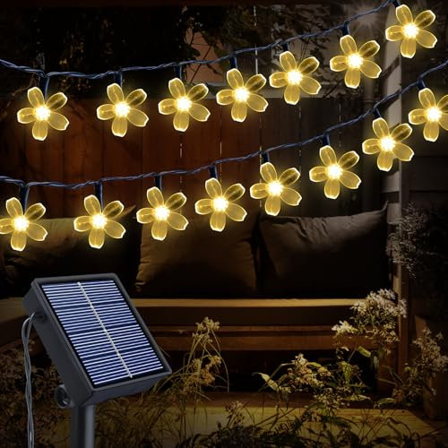 Qoosea Catena Luminosa Led Solare,14m 120 LEDs Fiori di Ciliegio Luci Solari Impermeabile,8 Modalità Lucine Decorative Esterno per Natale Giardino Gazebo Halloween Matrimonio,Luce Calda