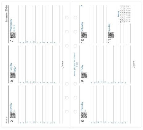 Filofax Calendar Diary Refill, Personal/Compact Size, Week-to-View with Appointments, Horizontal, White Paper, Ruled, English, 2026 (C68420-26)