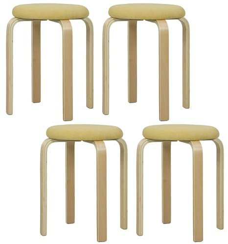 HOMCOM Juego de 4 Taburetes Apilables Redondos Taburetes Bajo de Cocina con Asiento Acolchado para Comedor Dormitorio Oficina Salón Amarillo y Natural