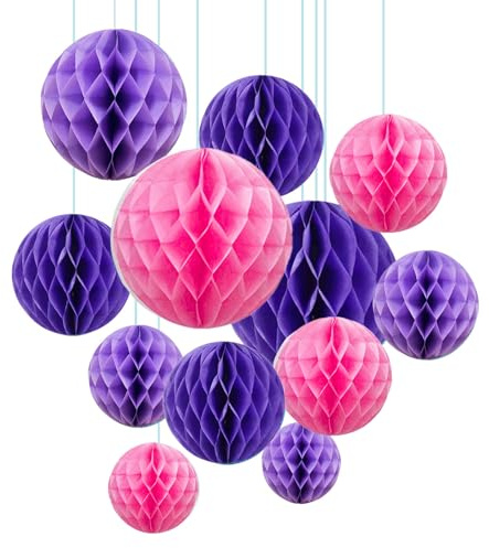ZYOOO 12pcs Paper Honeycomb Balls, 15/25cm Tissue Paper Hanging Balls for Birthday Party,Wedding,Engagement,Baby Shower,Mermaid Decorations (Purple,Pink)